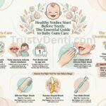 Baby gum care infographic showing daily cleaning routine and tools for newborns