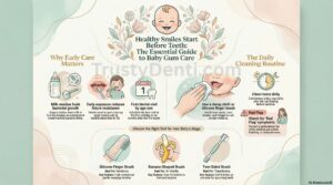Baby gum care infographic showing daily cleaning routine and tools for newborns