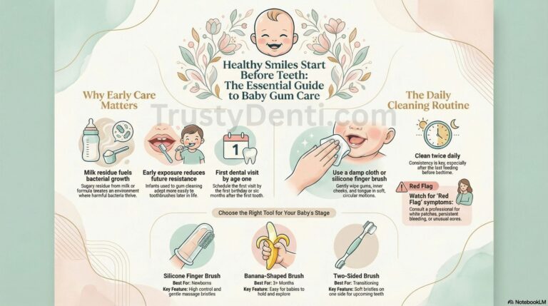 Baby gum care infographic showing daily cleaning routine and tools for newborns