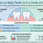 Infographic comparing white spot lesions from early tooth decay versus dental fluorosis on baby teeth, featuring a parent action plan.