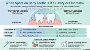 Infographic comparing white spot lesions from early tooth decay versus dental fluorosis on baby teeth, featuring a parent action plan.