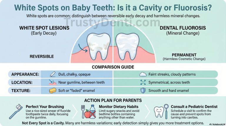 Infographic comparing white spot lesions from early tooth decay versus dental fluorosis on baby teeth, featuring a parent action plan.