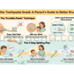 The Toothpaste Snacking: A Parent's Guide to Better Brushing" detailing the invisible paste technique, a 3-step spitting plan, and recommended toothpaste amounts by age (rice-grain size for under 3, pea-sized for ages 3-6).