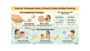 The Toothpaste Snacking: A Parent's Guide to Better Brushing" detailing the invisible paste technique, a 3-step spitting plan, and recommended toothpaste amounts by age (rice-grain size for under 3, pea-sized for ages 3-6).